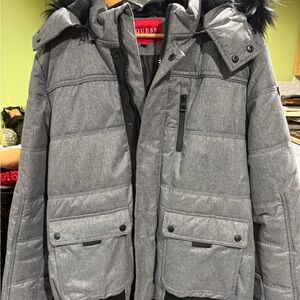 Guess Men's Heather Gray Quilted Puffer Coat with Faux Fur Trim
